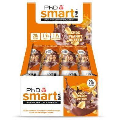 PhD Smart Choc Peanut Butter protein bar, orange retail box of 12 bars, high protein low sugar