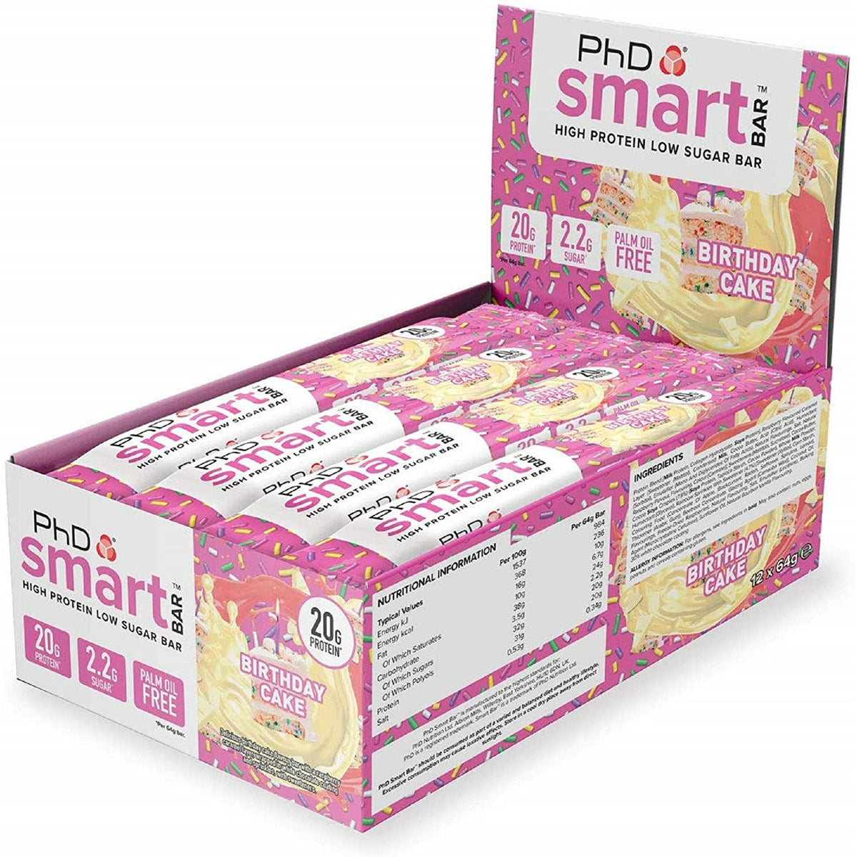 PhD Smart Birthday Cake protein bar, pink retail box of 12 bars, high protein low sugar