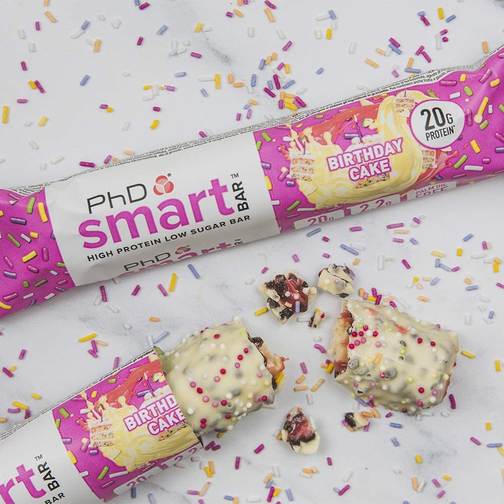 PhD Smart Birthday Cake bar cut showing sprinkle-flecked center, white chocolate coating, 20g