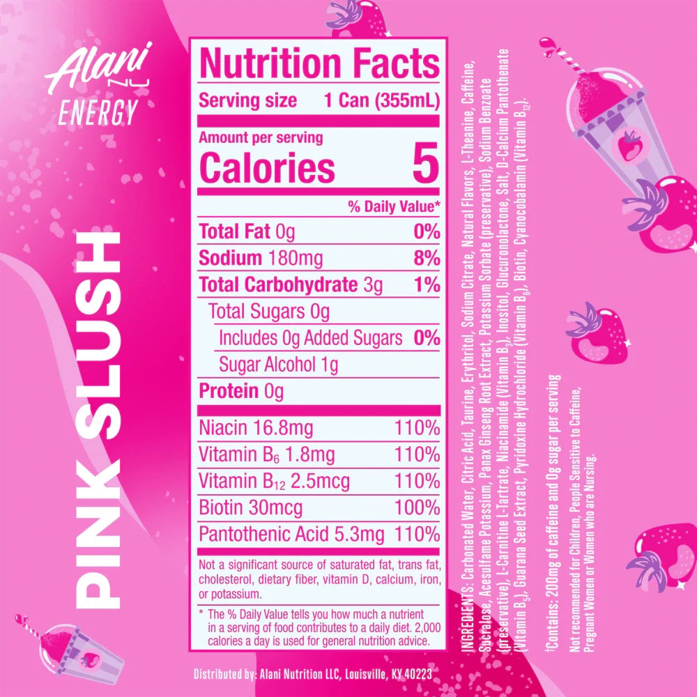Alani Nu Energy Pink Slush — Nutrition Facts label, 355 mL can, 200mg caffeine