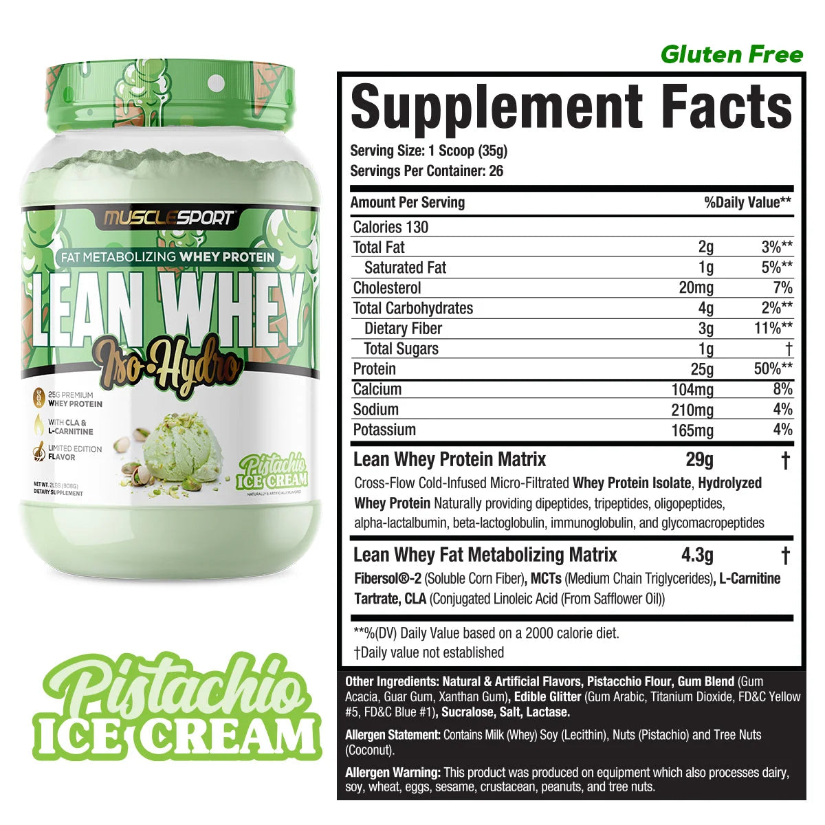 MuscleSport Lean Whey Pistachio Ice Cream whey isolate protein powder, 2lb tub