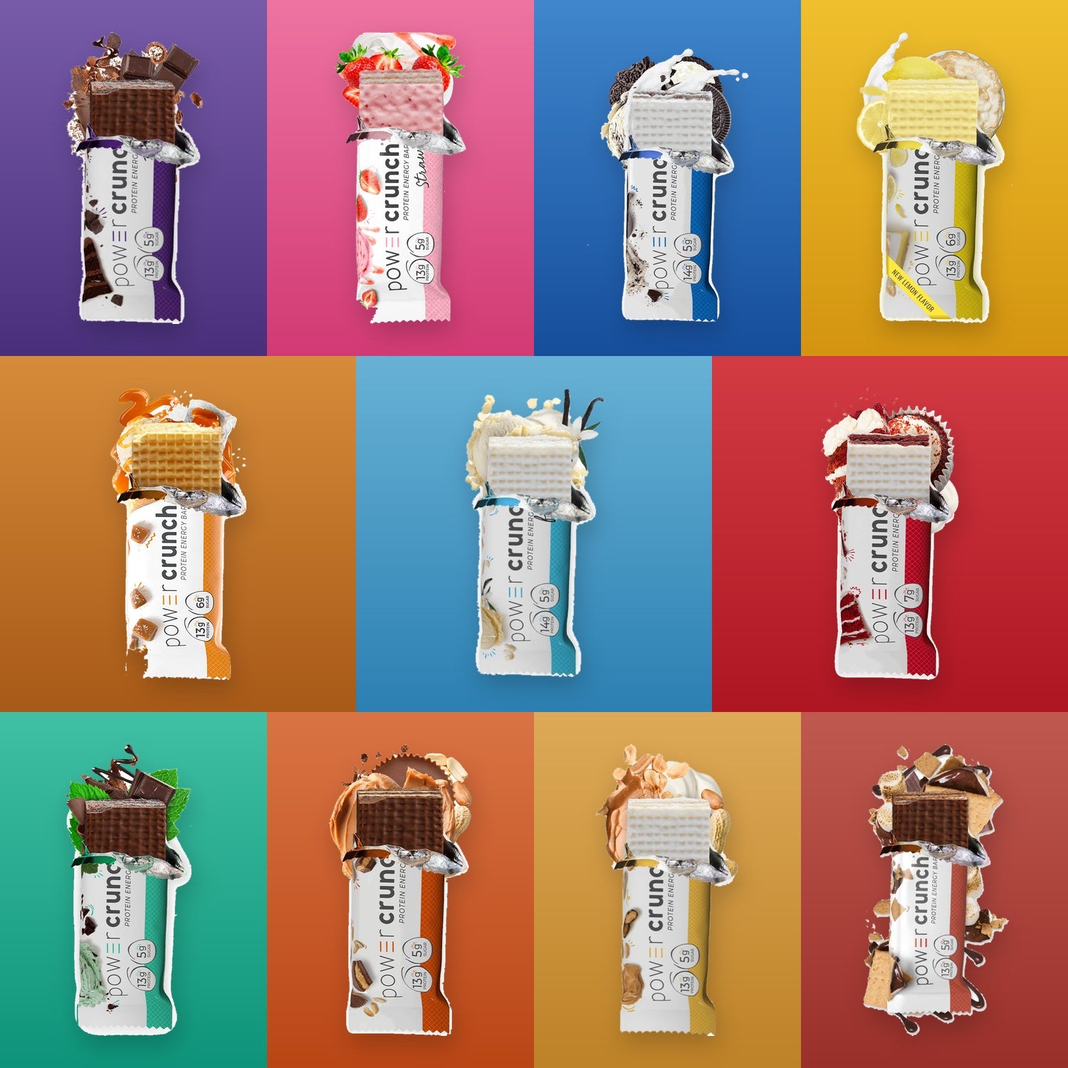Power Crunch Protein Bar — flavour lineup of 11 unwrapped bars with toppings on colour tiles