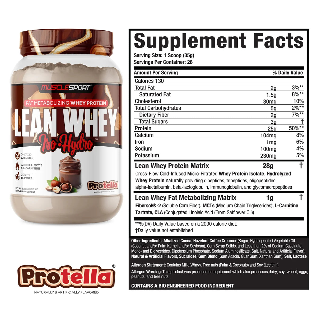 MuscleSport Lean Whey Protella hazelnut whey isolate protein tub