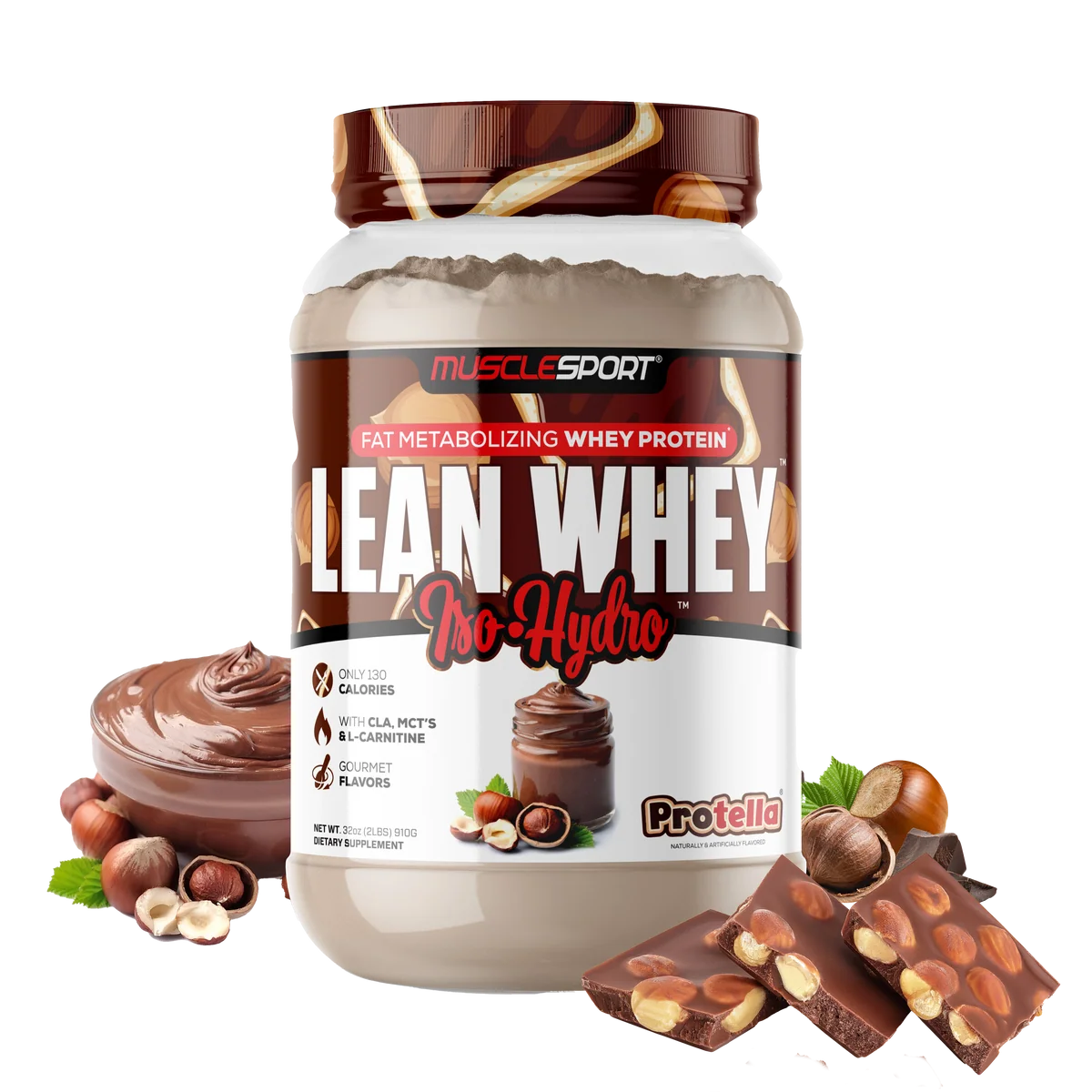 MuscleSport Lean Whey Protella protein powder with flavor scoop
