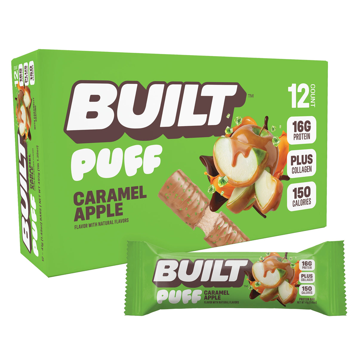 Built Puff Caramel Apple (Box of 12) — caramel apple flavour, 12-count box with bar, 16g protein, 150 cal