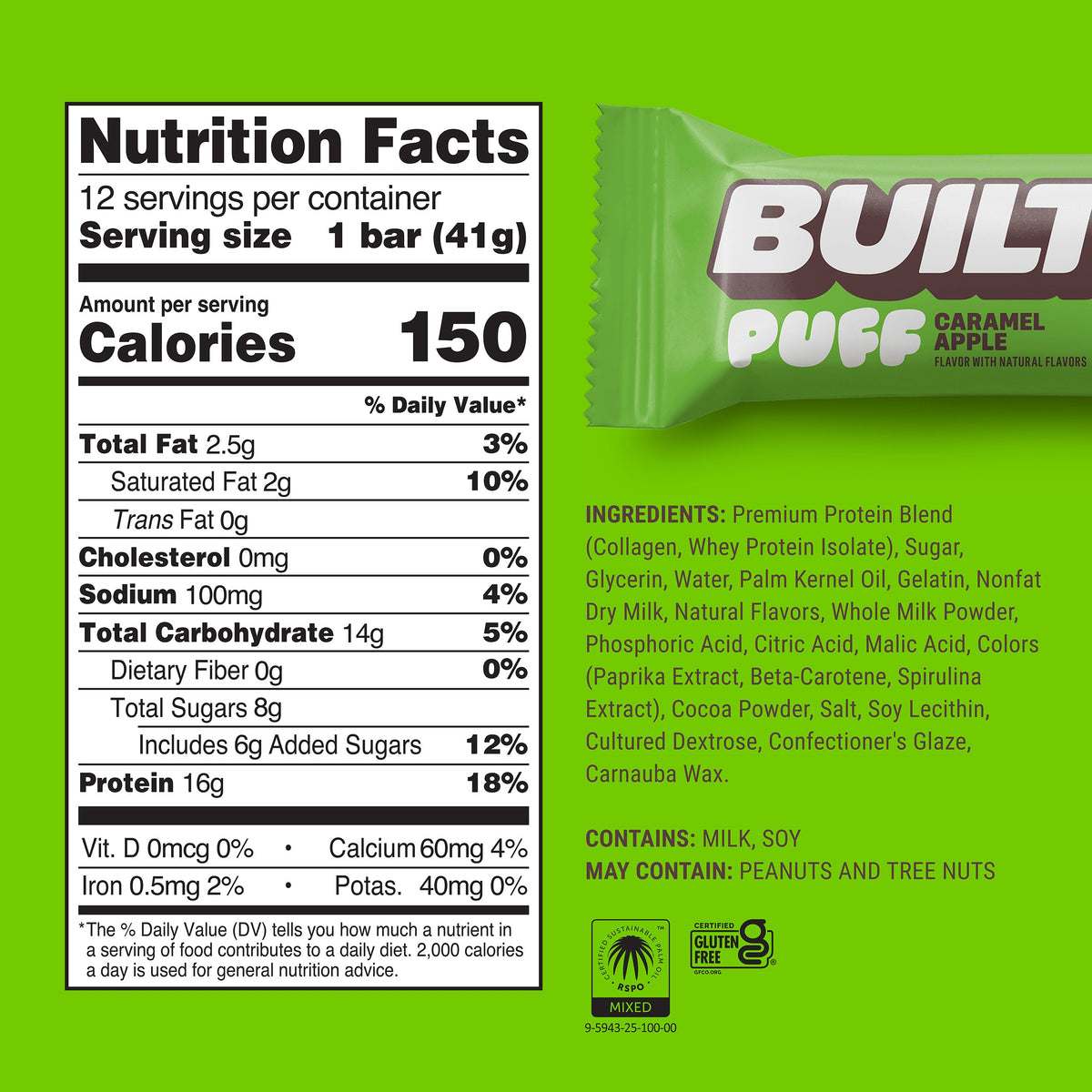 Built Caramel Apple Puff Nutrition Facts panel — 150 cal, 16g protein, 8g sugar, ingredient list