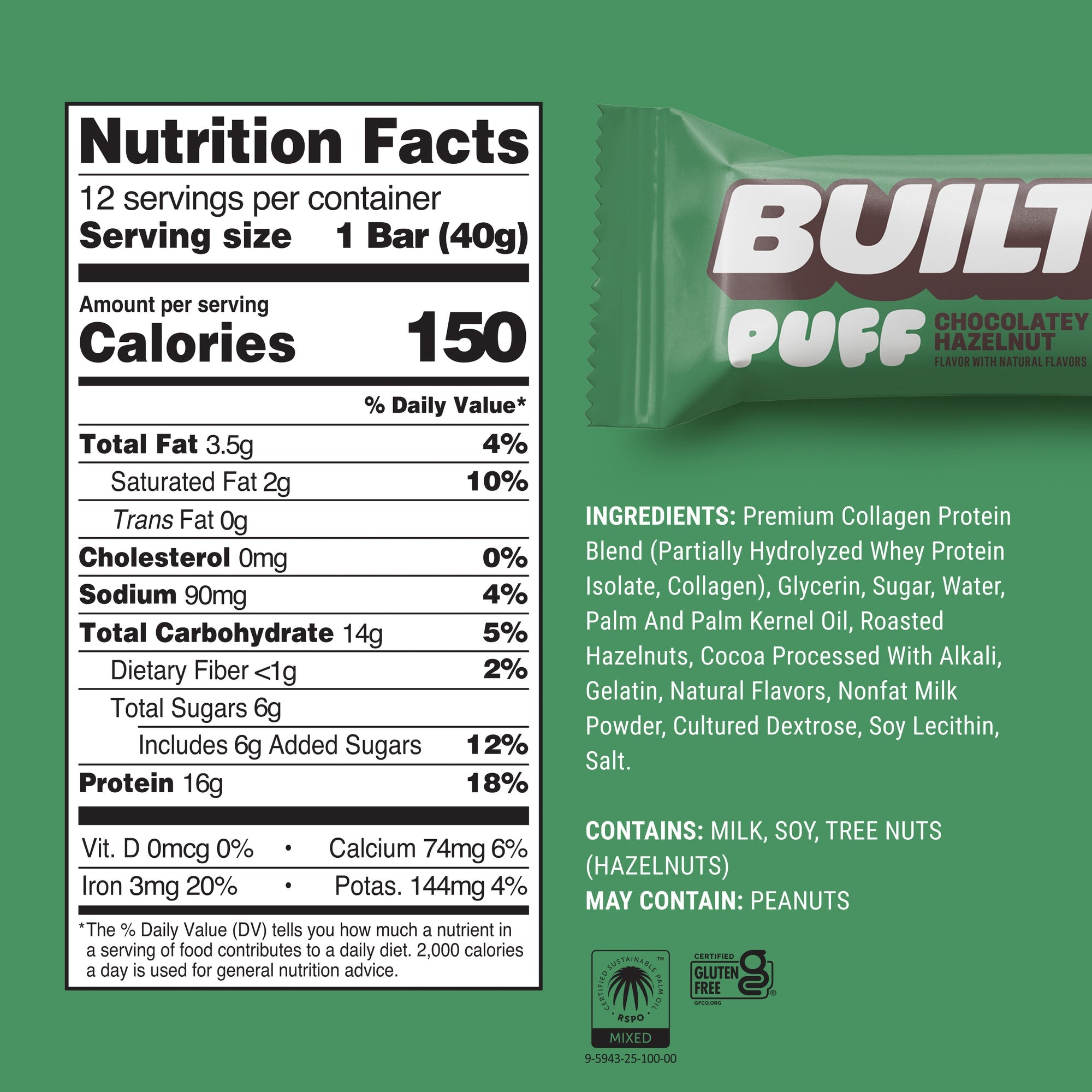 Built Protein Bars & Puffs Chocolatey Hazelnut Puff Nutrition Facts panel — 150 cal, 16g protein, 6g sugar