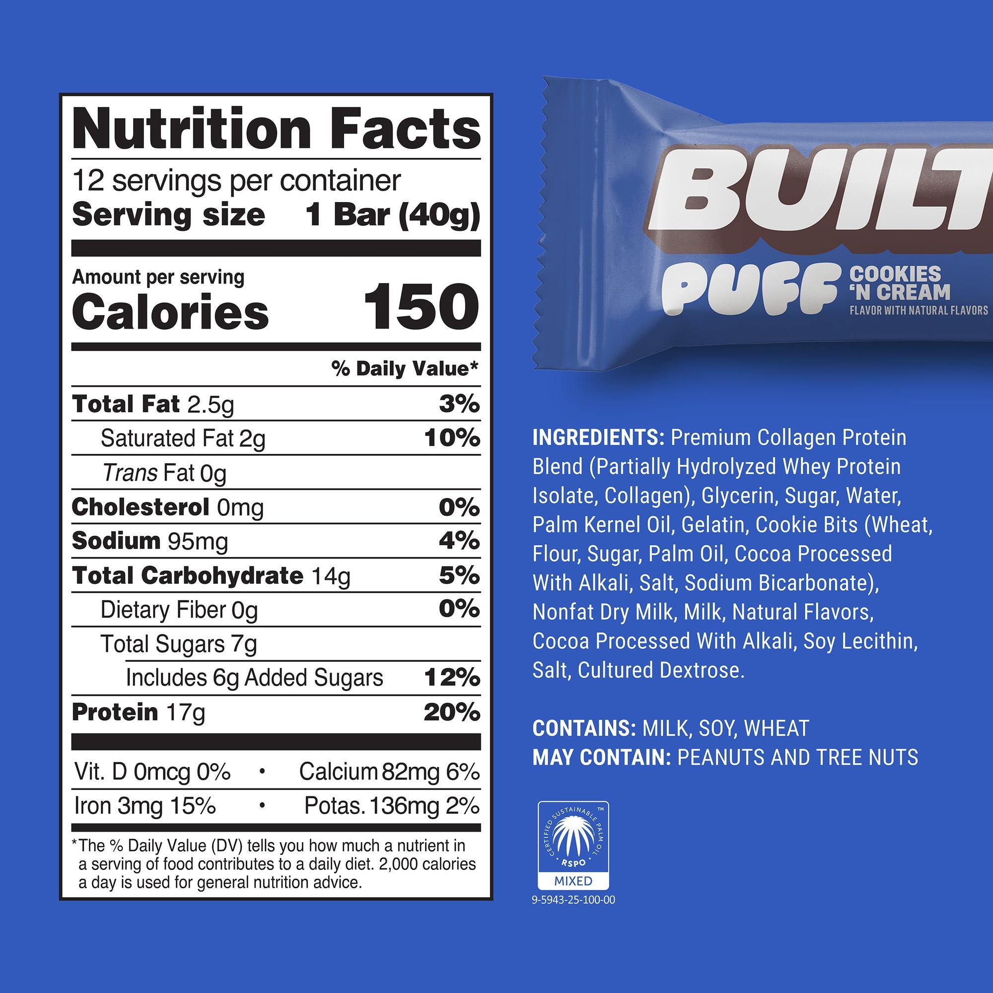 Built Protein Bars & Puffs Cookies 'N Cream Puff Nutrition Facts panel — 150 cal, 17g protein, 7g sugar