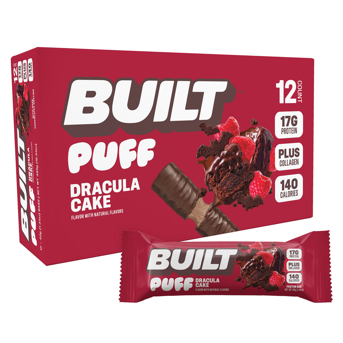 Built Puff Dracula Cake (Box of 12) — raspberry chocolate cake flavour, 12-count box with bar, 17g protein, 140 cal
