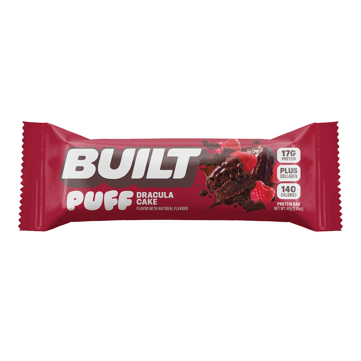 Built Puff Dracula Cake protein bar wrapper — raspberry chocolate cake, 17g protein, 140 calories