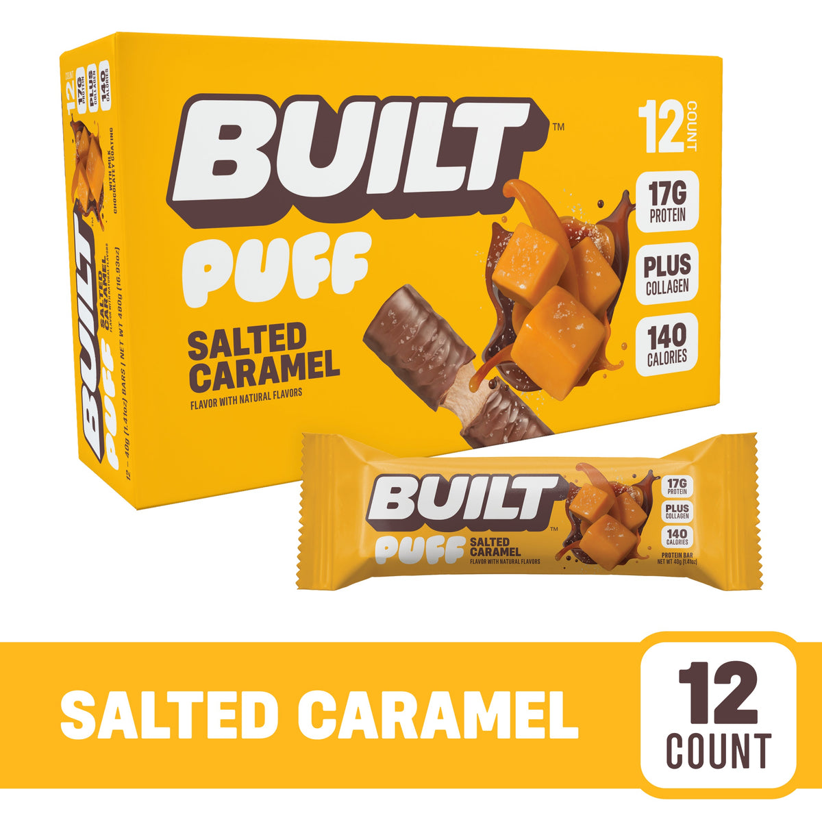 Built Salted Caramel Protein Puff box of 12 — 17g protein, 140 calories, gluten-free