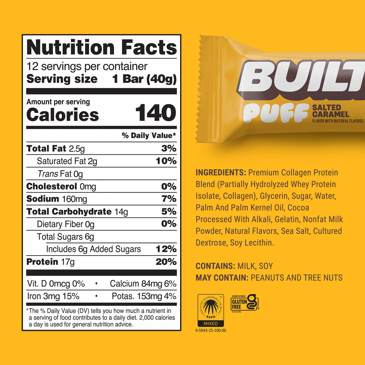 Built Salted Caramel Protein Puff Nutrition Facts panel and ingredient list