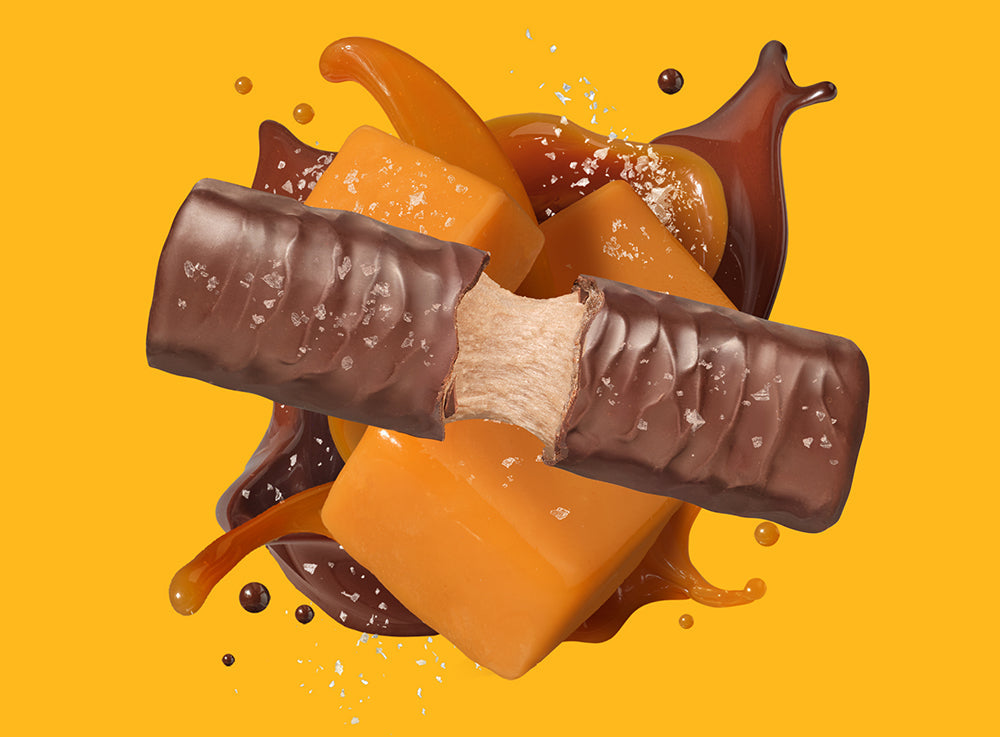 Built Salted Caramel Puff cut open — marshmallow-like center with chocolatey coating and sea salt