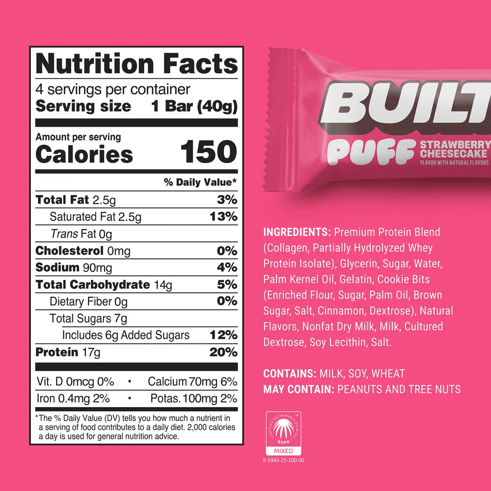 Built GF Protein Bars & Puffs (1 Bar) Nutrition Facts panel and ingredient list