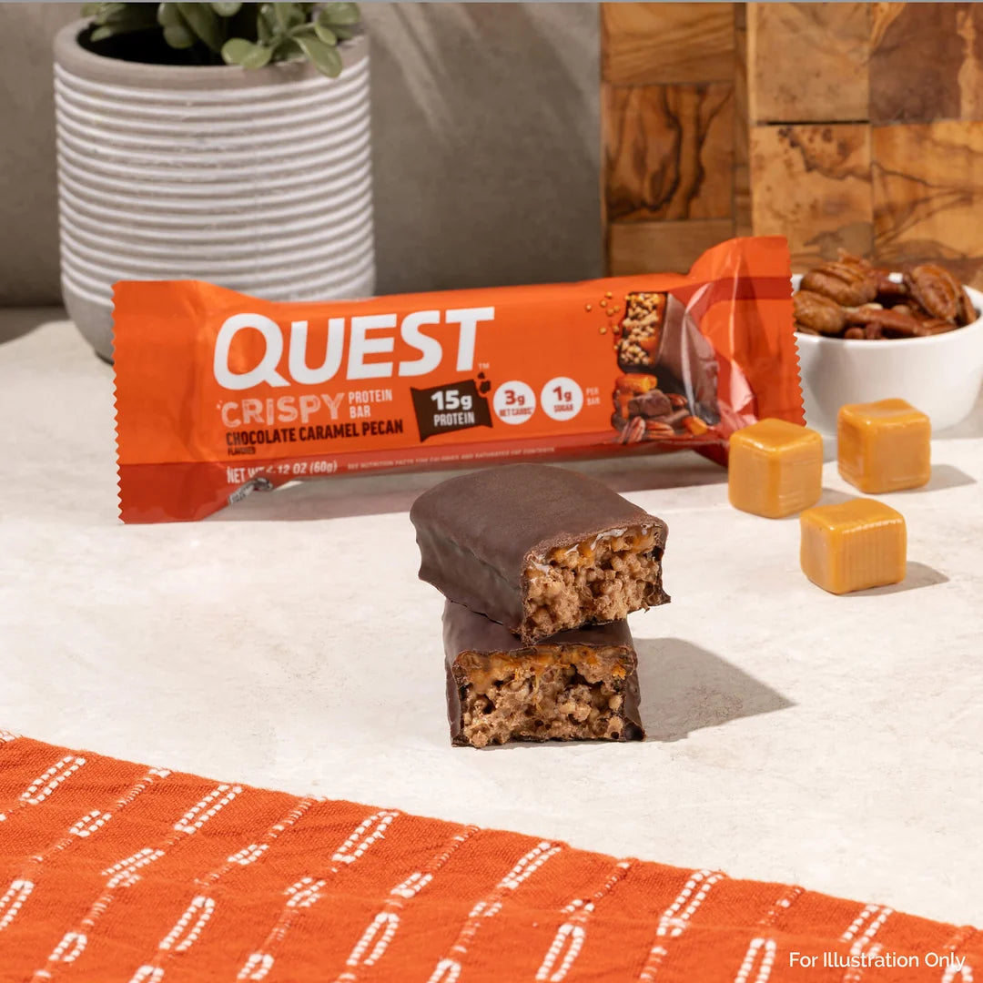Quest Nutrition Hero Crispy Protein Bar box of 12, crispy candy-style bars with 15-18g protein, 1g sugar