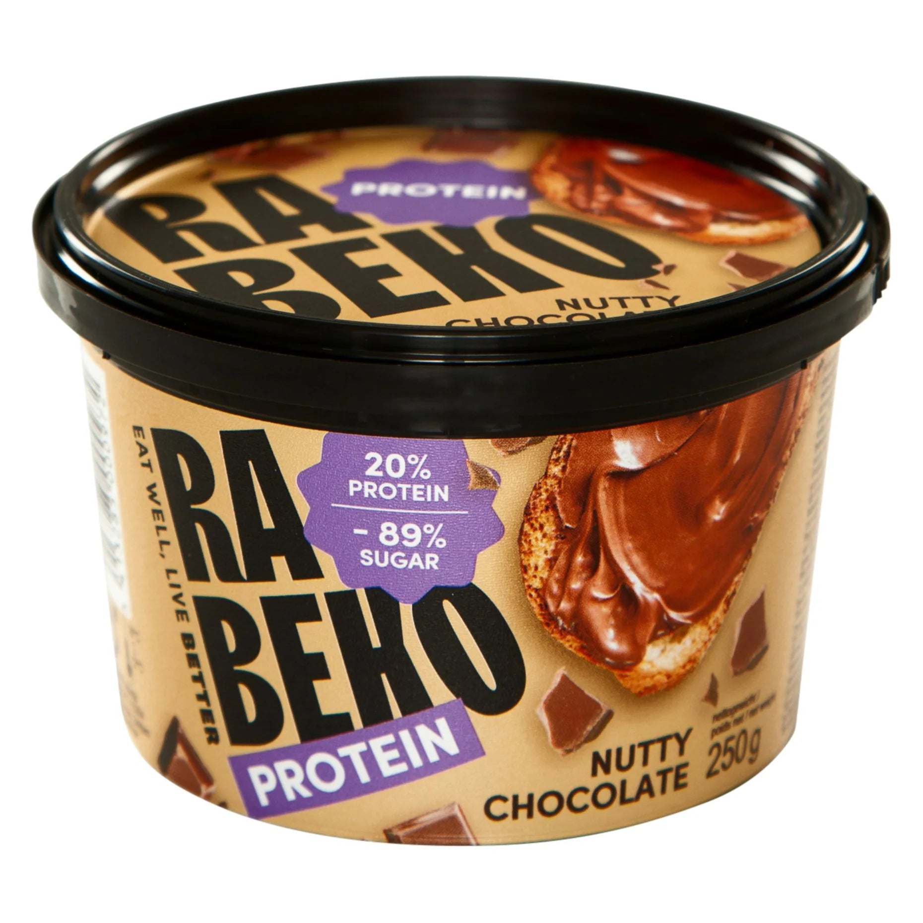 Rabeko Protein Spread Chocolate Hazelnut 250g jar (20% protein, 13% hazelnuts, no palm oil)