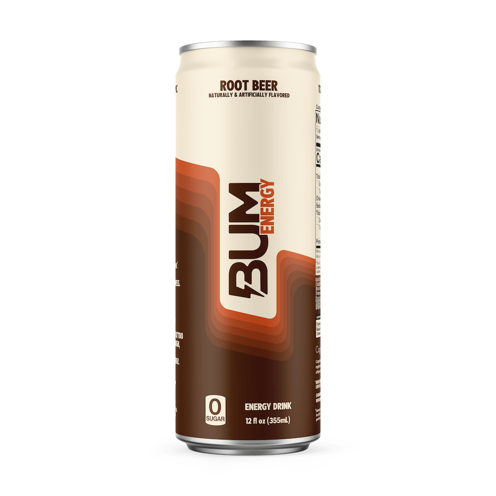 BUM Energy Root Beer energy drink can — zero sugar, 112 mg natural caffeine, 355 ml (Canada)