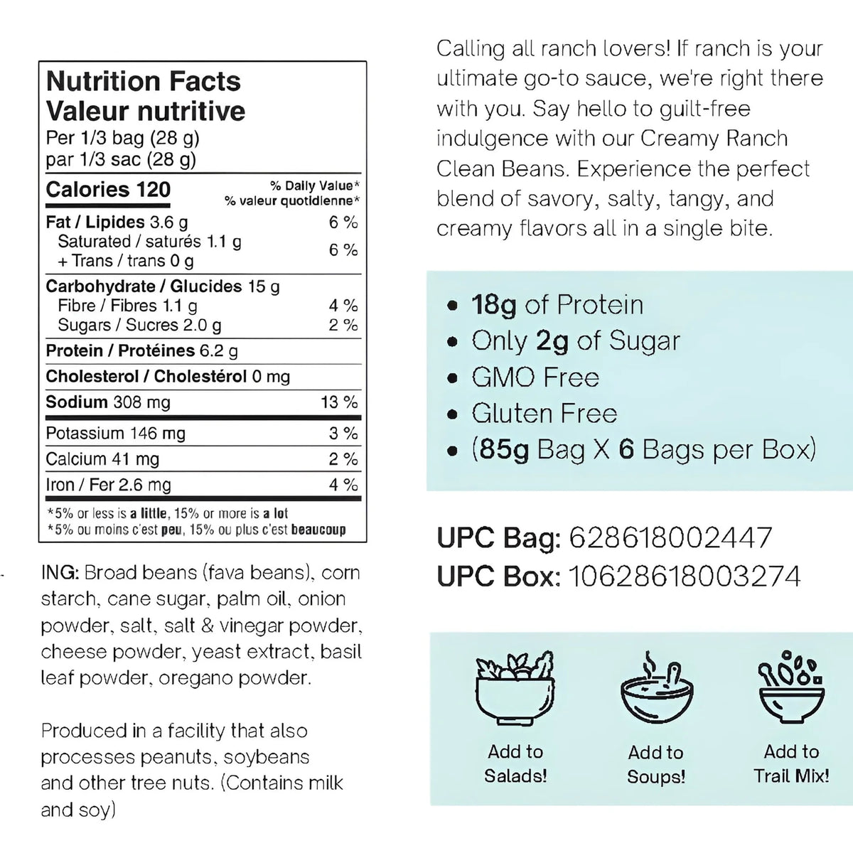 Nutraphase Clean Beans Creamy Ranch Nutrition Facts panel, 120 calories and 18g protein