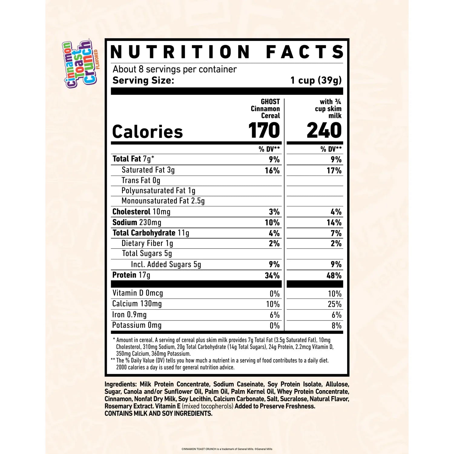 GHOST High Protein Cereal (1 box) Nutrition Facts panel
