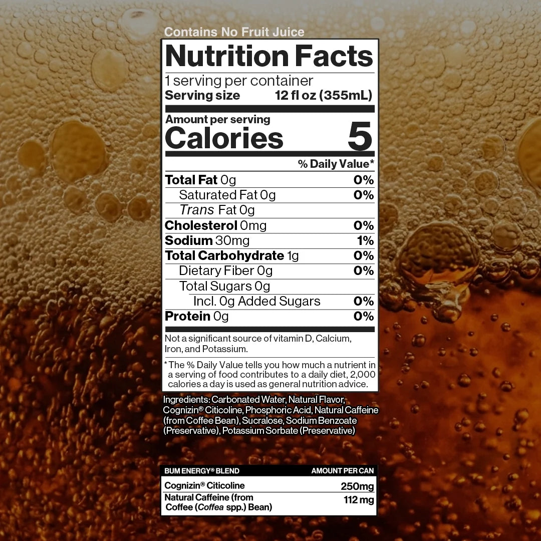 Nutrition Facts panel for BUM Energy Root Beer — 5 calories, 0 g sugar, 112 mg caffeine, 250 mg Cognizin