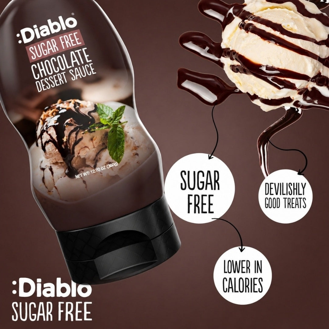 Diablo Sugar Free Chocolate Dessert Sauce squeeze bottle drizzled over vanilla ice cream, vegan cocoa topping