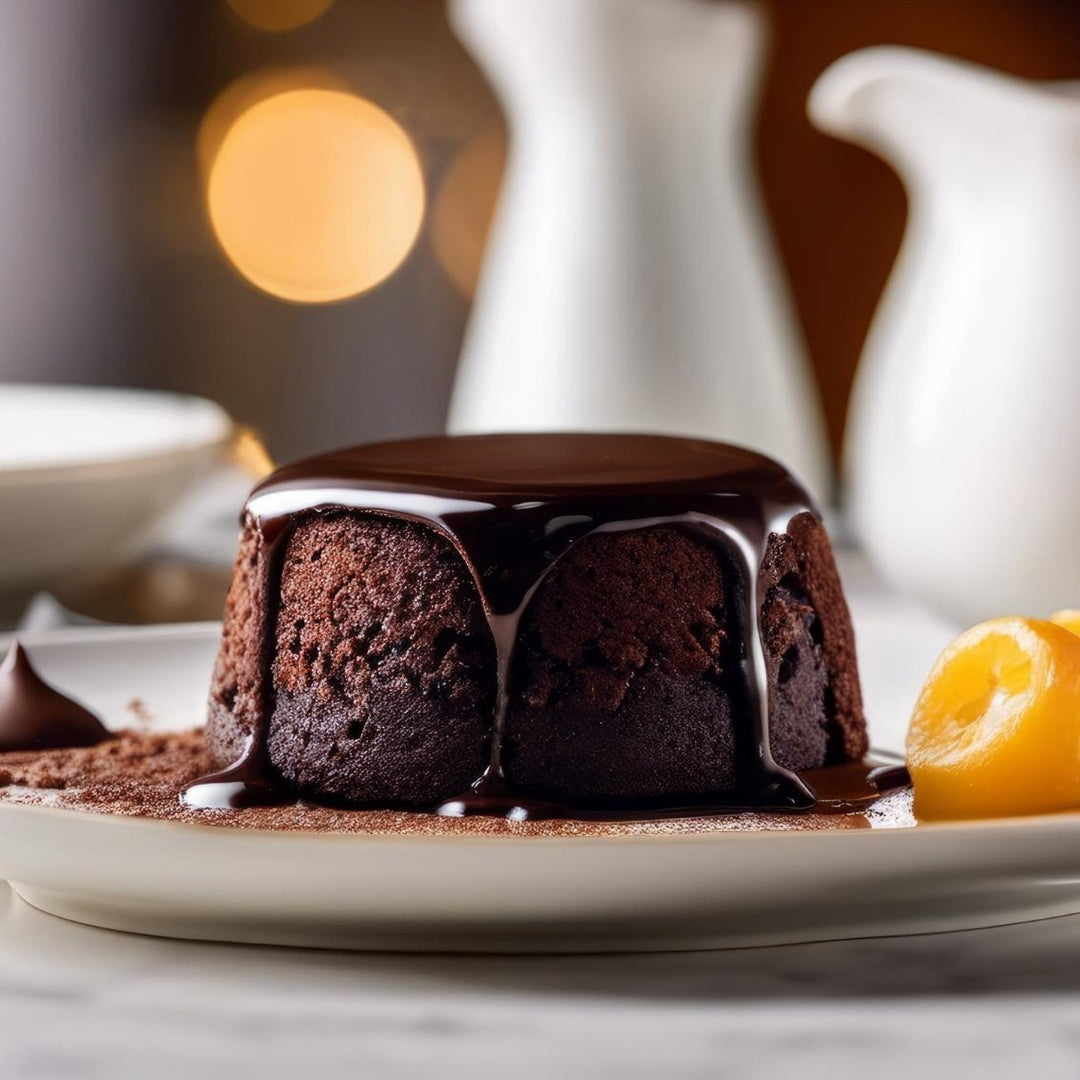 Diablo Sugar Free Chocolate Dessert Sauce poured over a molten chocolate lava cake dessert, serving idea