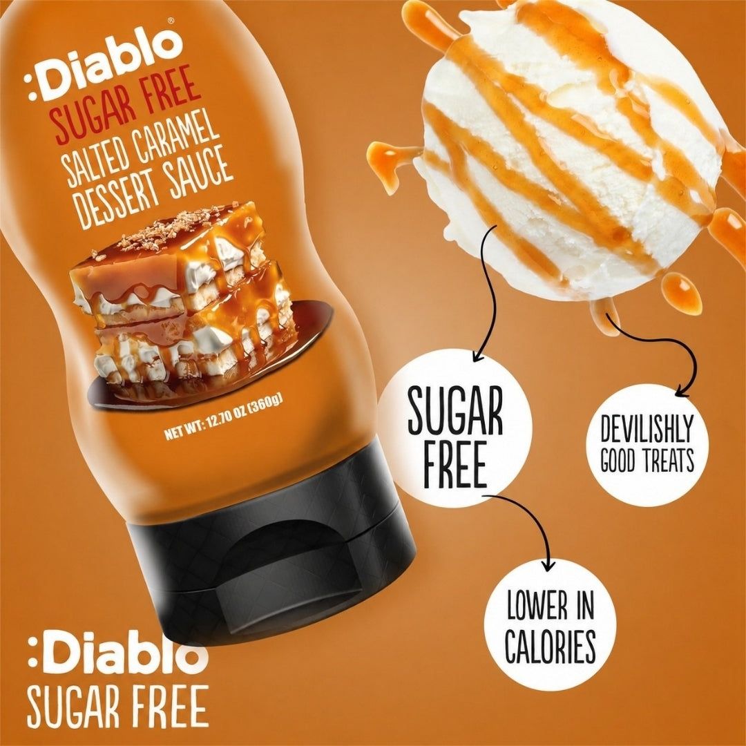Diablo Sugar Free Salted Caramel Dessert Sauce squeeze bottle drizzled over vanilla ice cream, vegan topping