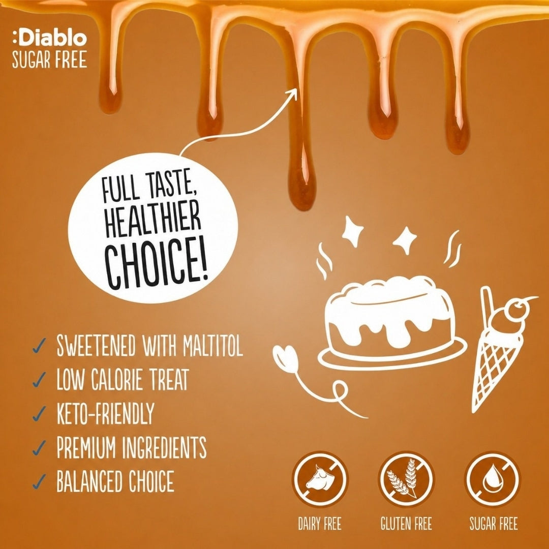Diablo Sugar Free Salted Caramel Dessert Sauce highlights: sweetened with maltitol, dairy free, gluten free, keto