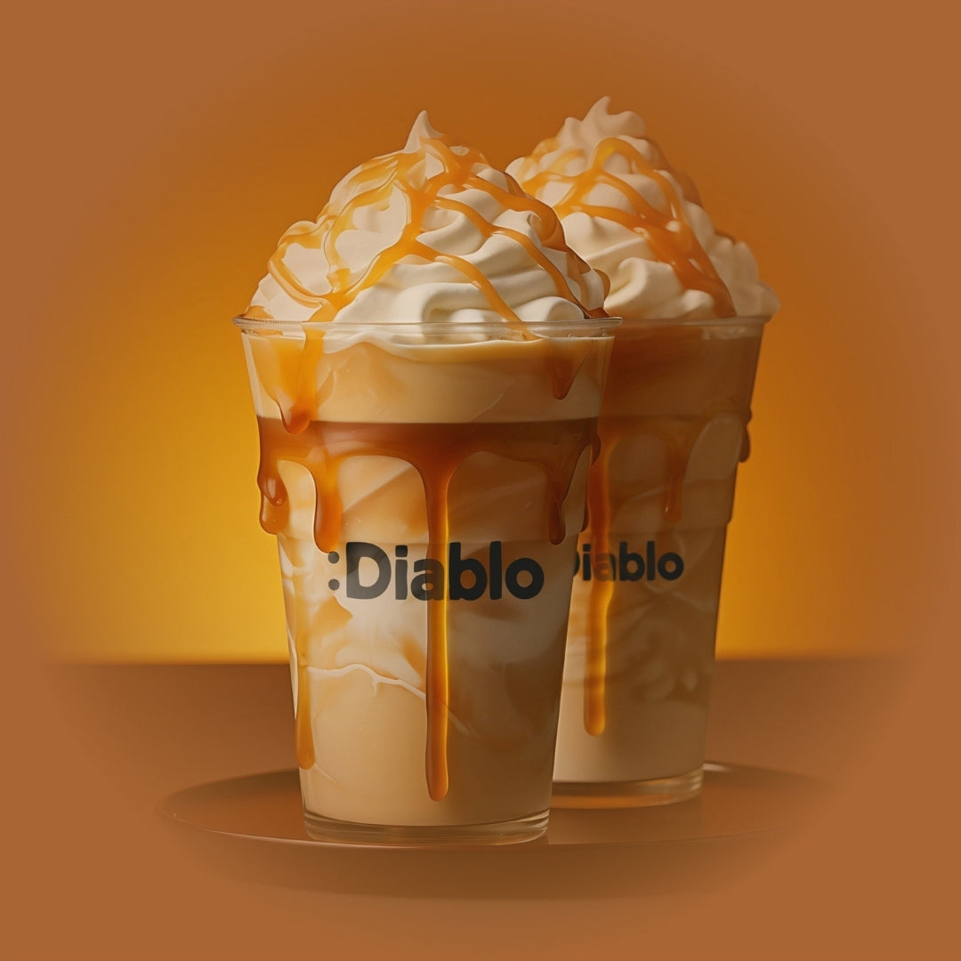 Diablo Sugar Free Salted Caramel Dessert Sauce drizzled over two caramel cream milkshakes, serving idea