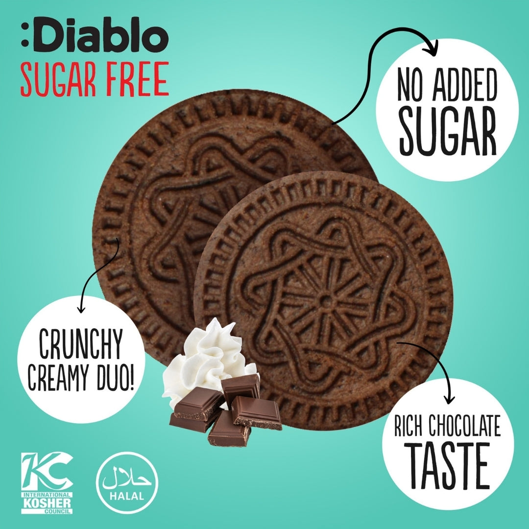 Diablo Sugar Free Extra Dark Cocoa Cookies, close-up of two embossed chocolate cookies with vanilla cream