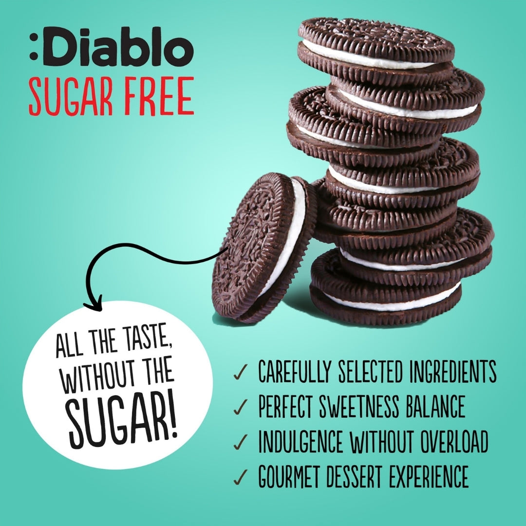 Diablo Sugar Free Extra Dark Cocoa Sandwich Cookies with vanilla cream, stacked cookies showing the filling