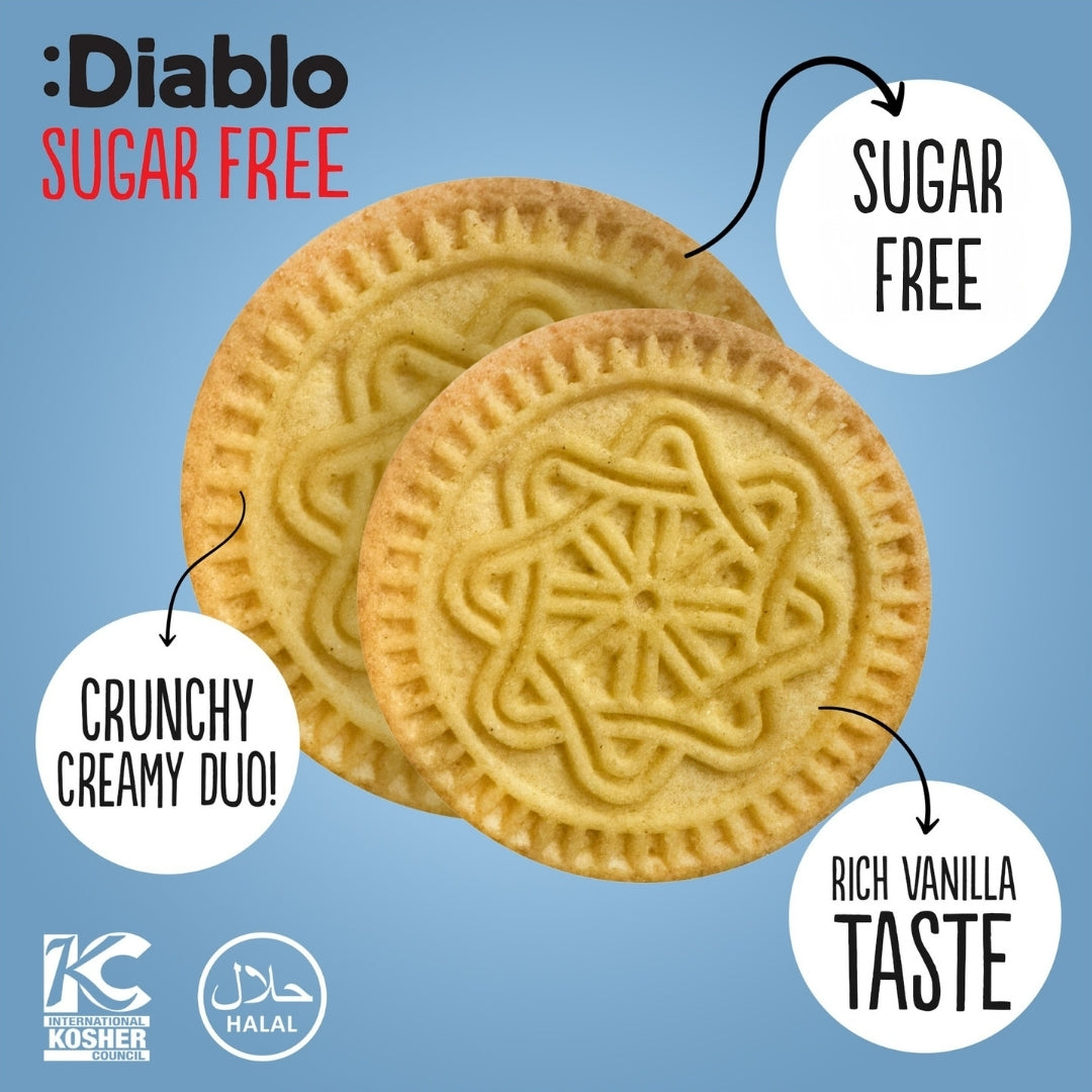 Diablo Sugar Free Vanilla Sandwich Cookies with cocoa cream filling, two biscuits with patterned tops