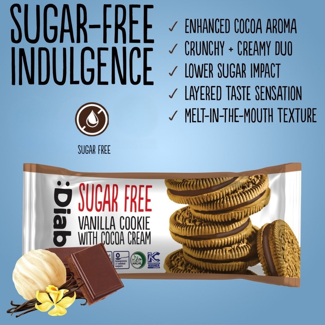 Diablo Sugar Free Vanilla Cookie with Cocoa Cream individually wrapped twin-pack beside a cookie stack