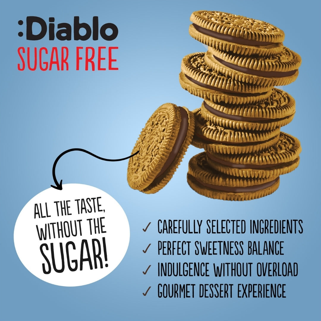 Stack of Diablo Sugar Free Vanilla Cookies with Cocoa Cream, no added sugar sandwich biscuits
