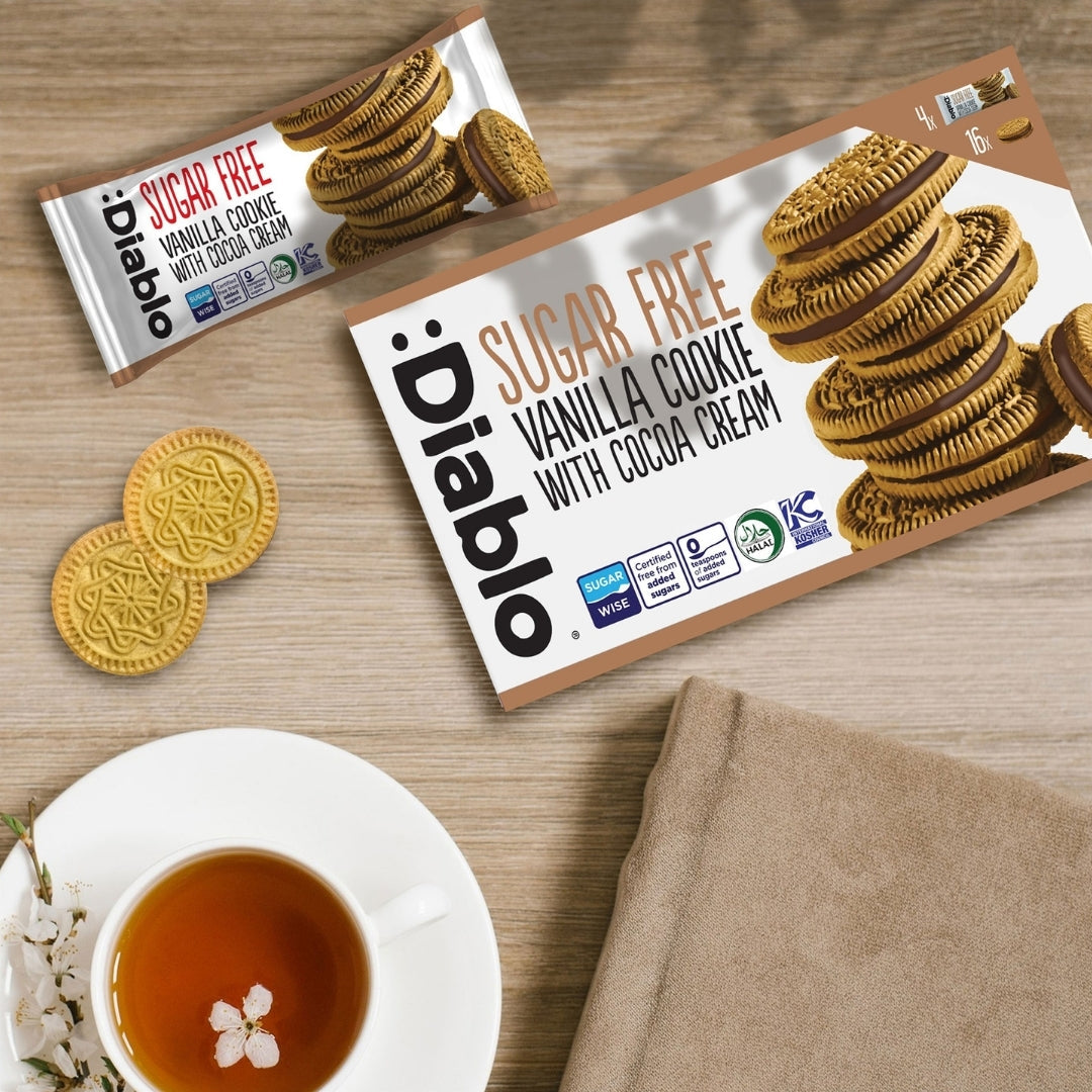 Diablo Sugar Free Vanilla Cookies with Cocoa Cream box and biscuits styled with a cup of tea, serving idea