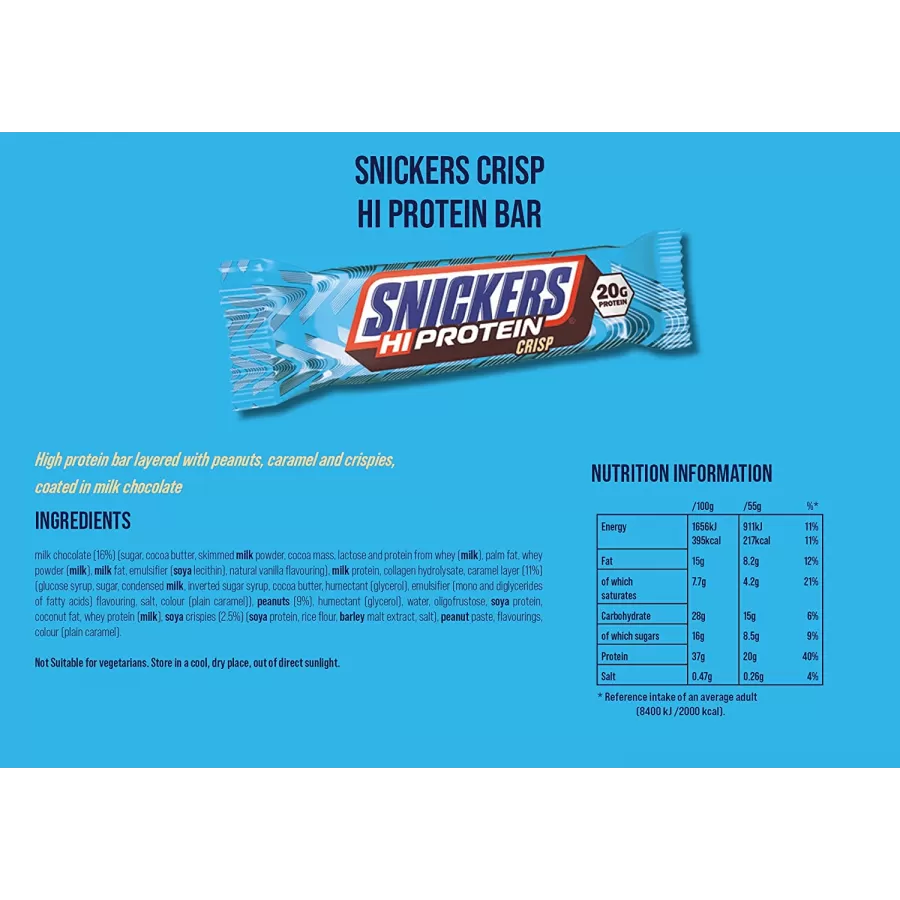 Snickers Crisp Hi Protein Nutrition Facts label — 20g protein per bar, peanuts and crispies