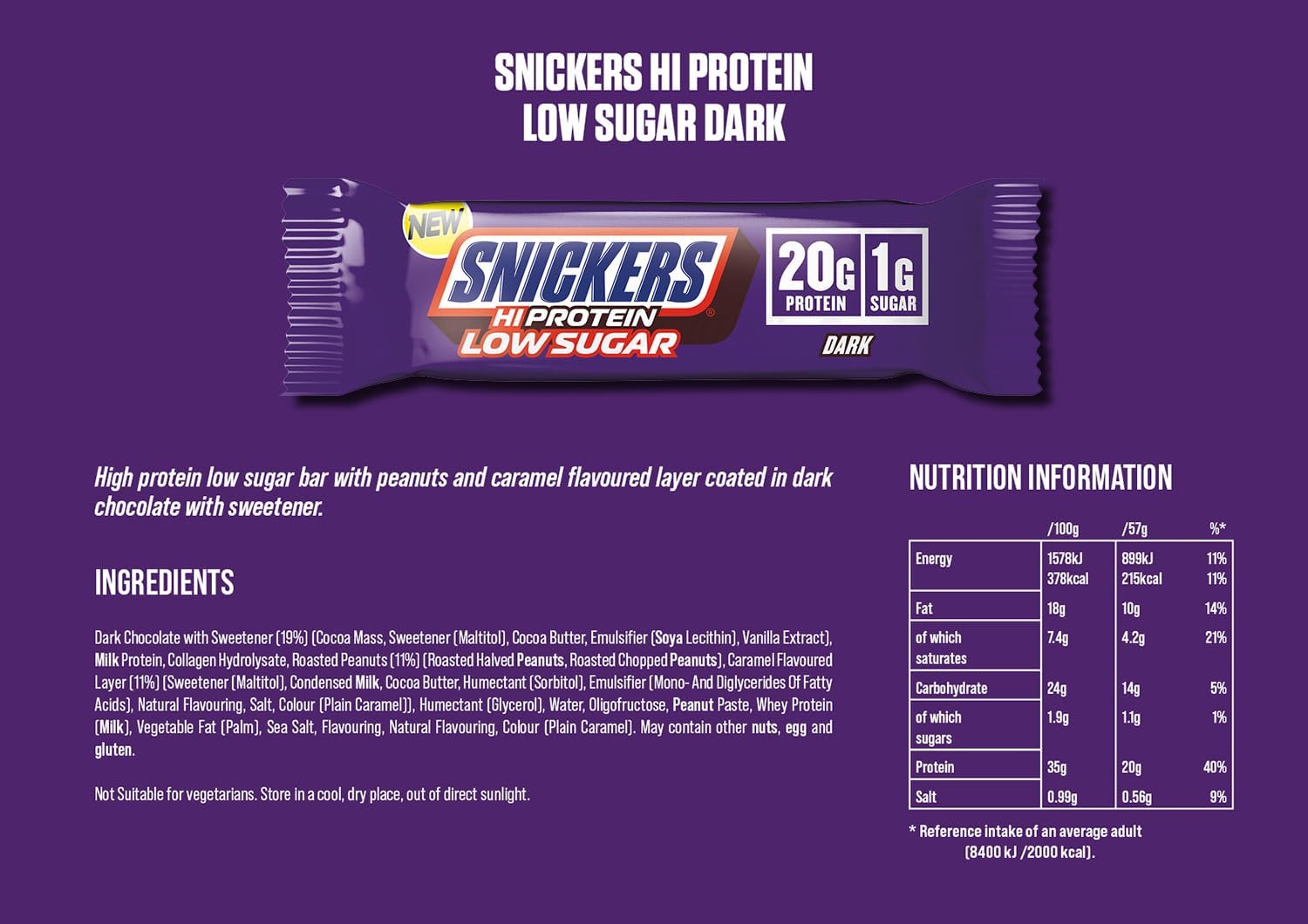Snickers Hi-Protein Low Sugar Dark Nutrition Facts label — 20g protein, 1g sugar, dark chocolate bar