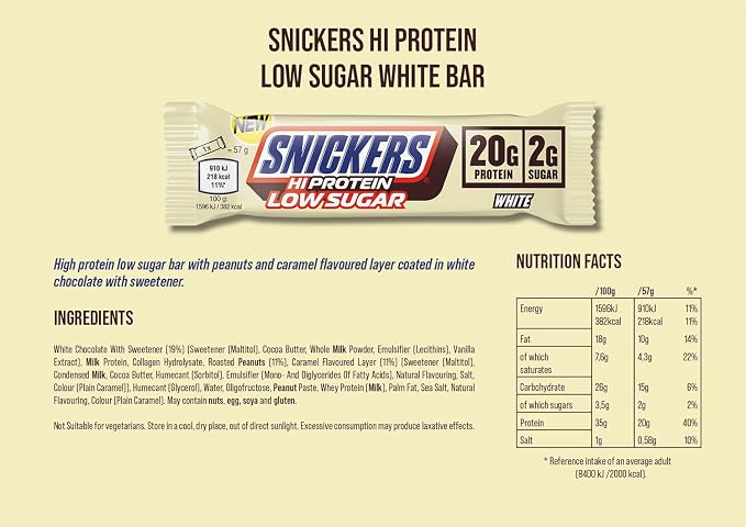 Snickers Hi-Protein Low Sugar White Nutrition Facts label — 20g protein, 2g sugar, white chocolate bar