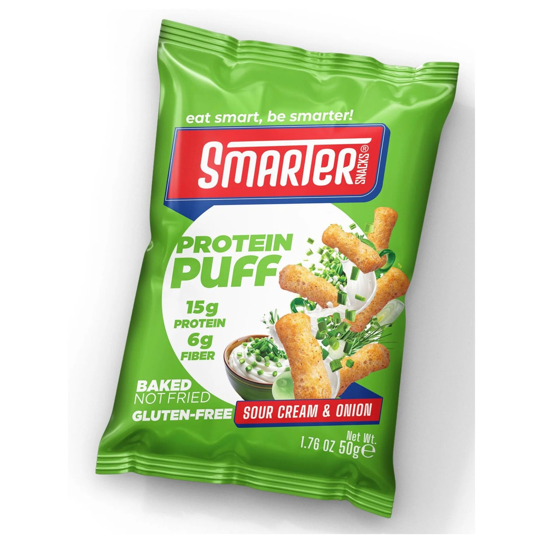 Smarter Snacks Protein Puff Sour Cream & Onions 50g bag — front