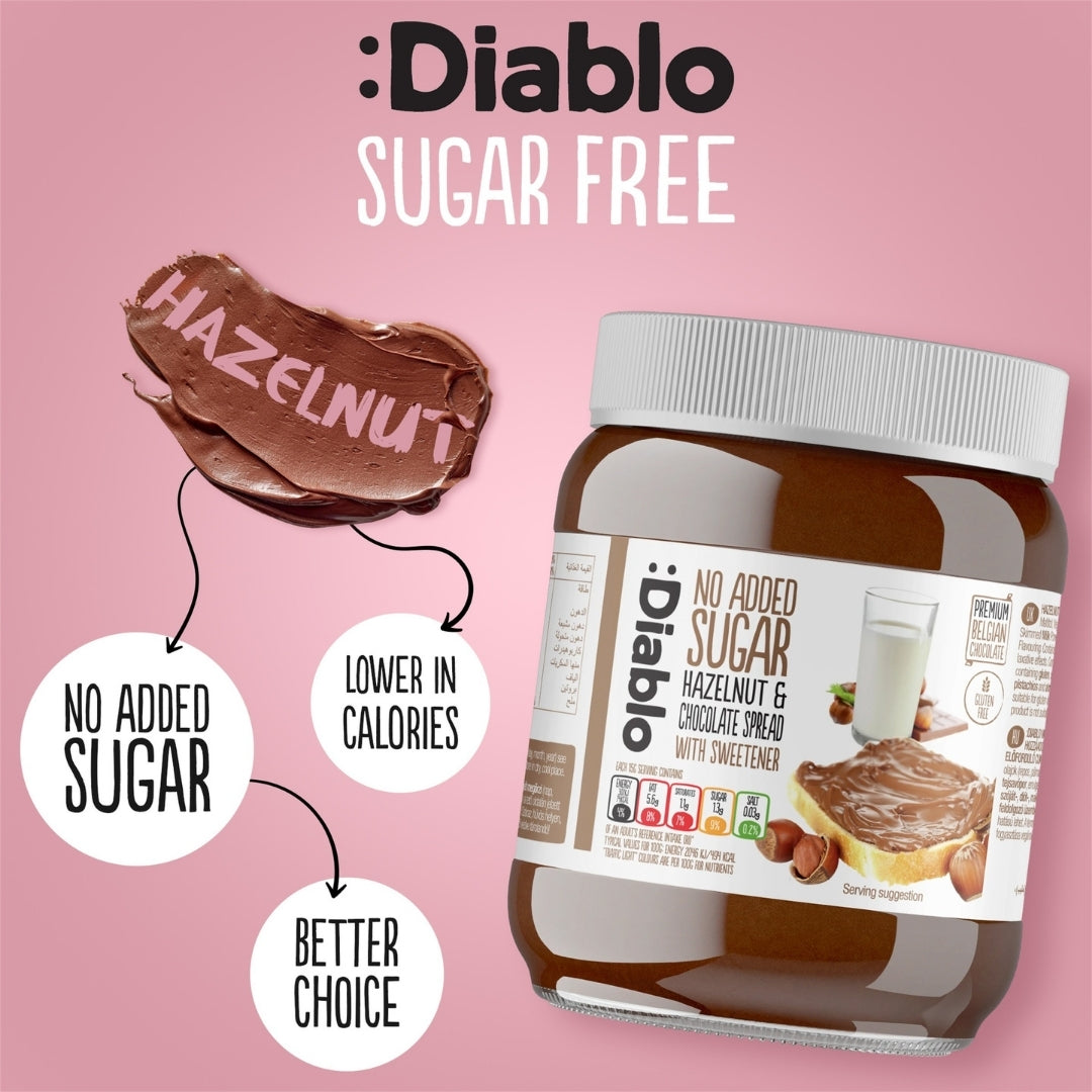 Diablo No Added Sugar Hazelnut & Chocolate Spread 350g jar with no-added-sugar and lower-calorie highlights