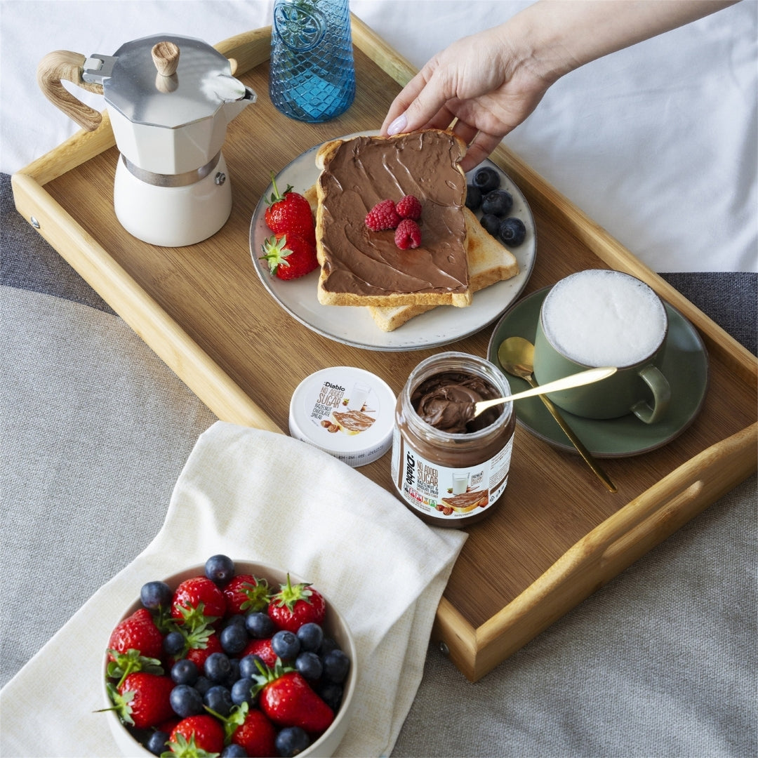 Diablo No Added Sugar Hazelnut & Chocolate Spread 350g jar on a breakfast tray with toast, berries and coffee