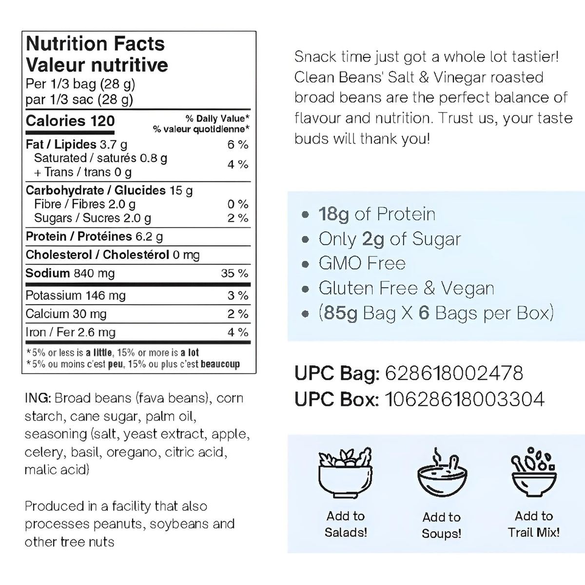 Nutraphase Clean Beans Salt and Vinegar Nutrition Facts panel, 120 calories and 18g protein