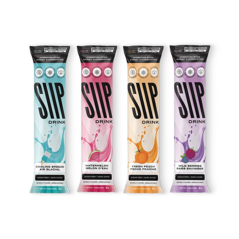 Four SIIP hydration drink sticks — Cooling Breeze, Watermelon, Fresh Peach and Wild Berries, sugar-free