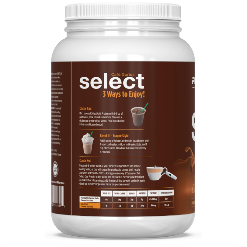 PEScience Select Café Protein Powder — Mocha tub back, 3 Ways to Enjoy prep guide