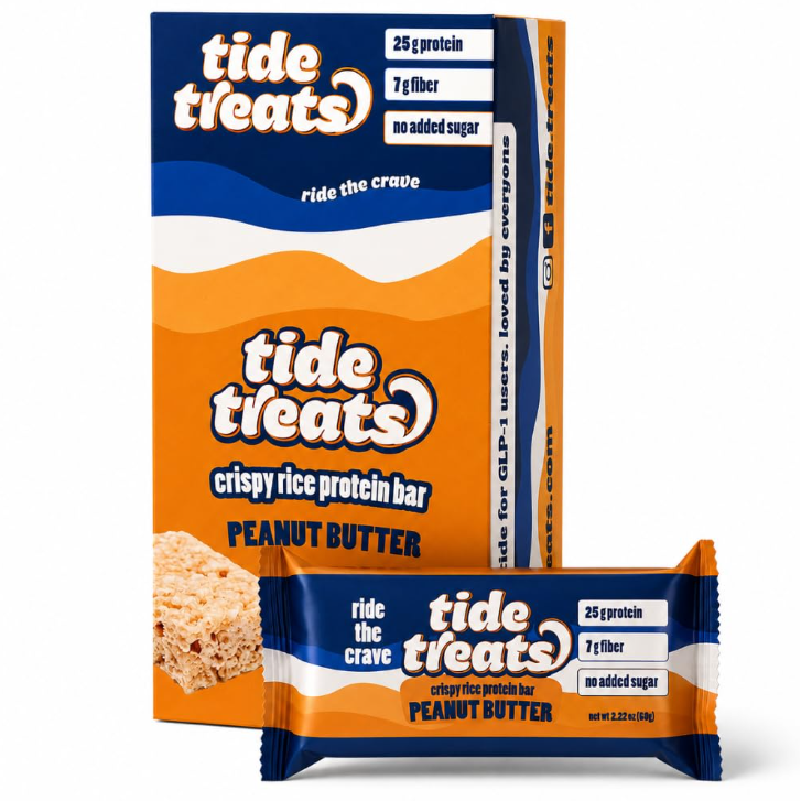 Tidetreats Peanut Butter Protein Bar — box of 12 with single bar in front