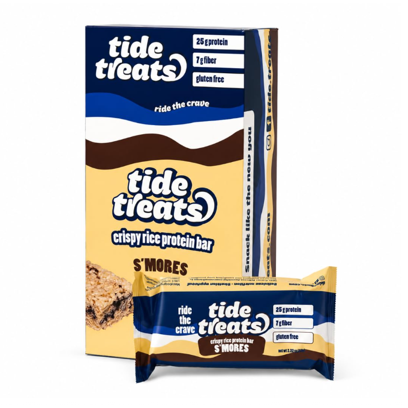 Tidetreats S'mores Protein Bar — box of 12 with single bar in front