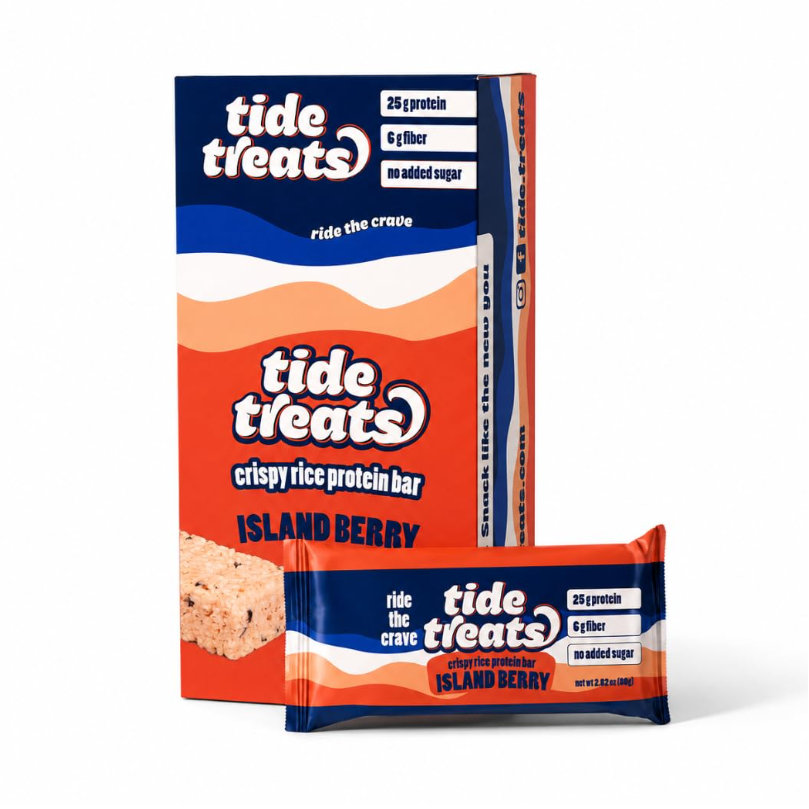 Tidetreats Island Berry Protein Bar — box of 12 with single bar in front