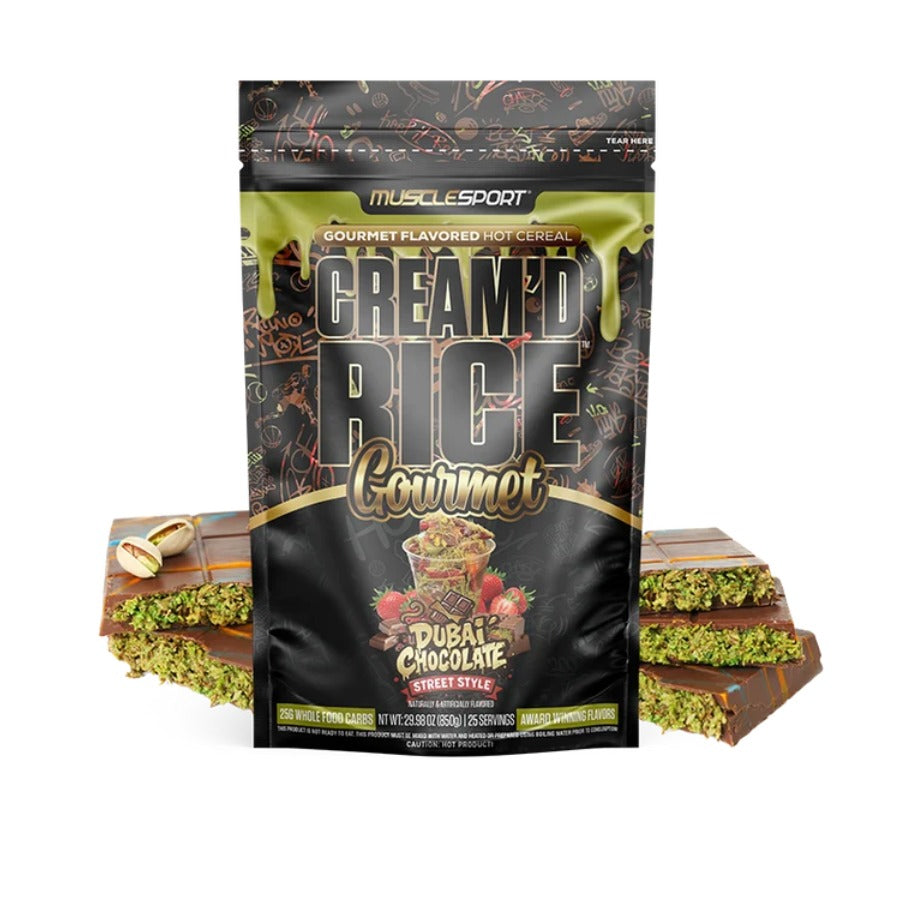 MuscleSport Cream'd Rice Dubai Chocolate Street Style hot cereal pouch with pistachio chocolate bars