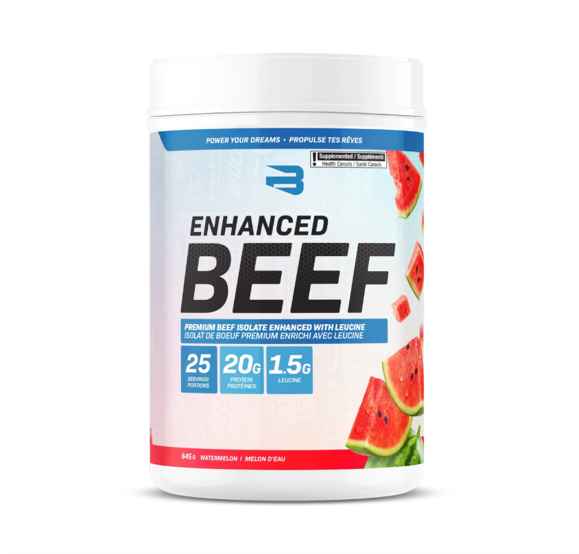 Believe Enhanced Beef Protein tub in Watermelon, 20 g dairy-free beef protein isolate, 25 servings