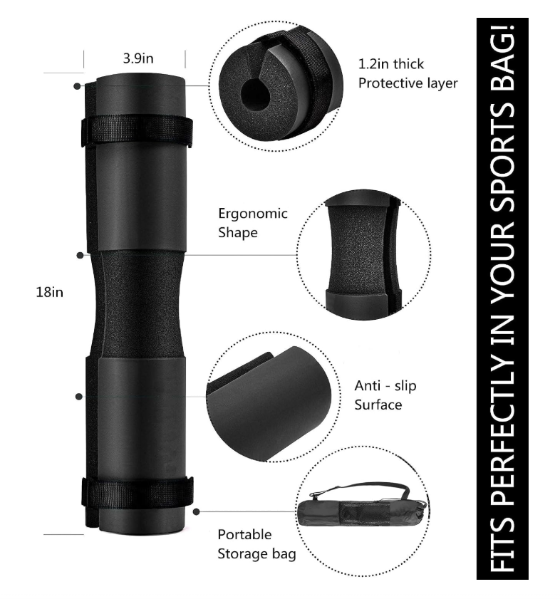 Barbell pad set with portable storage bag for gym and home leg-day training